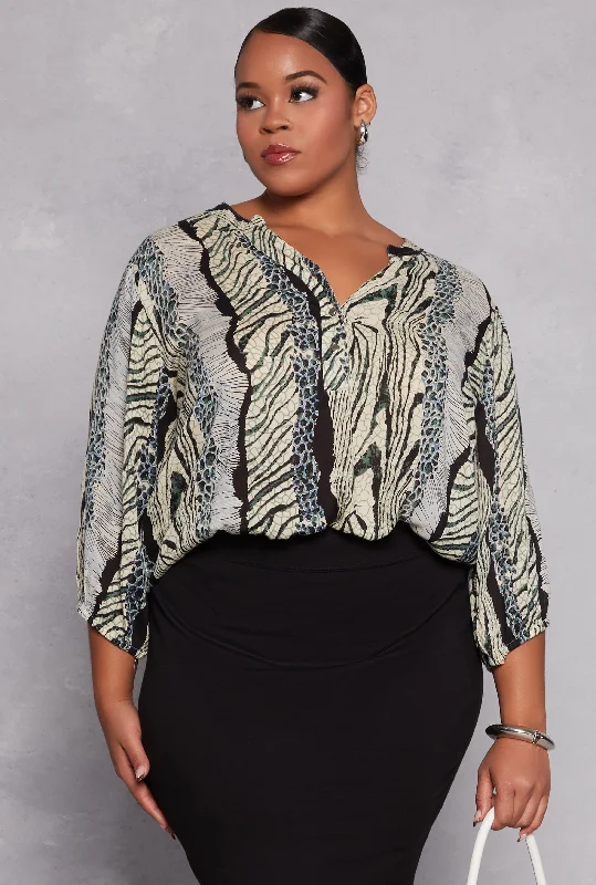 Plus Size Animal Print Long Sleeve Blouse