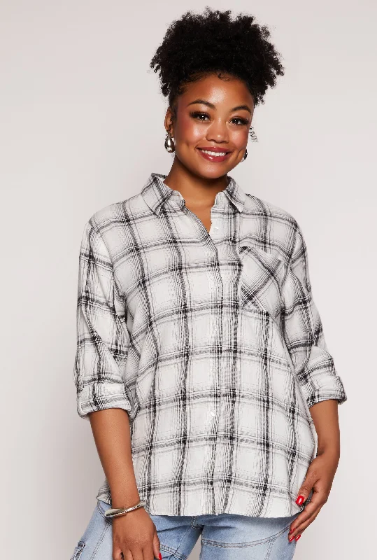 Plus Size Lurex Plaid Tabbed Sleeve Shirt