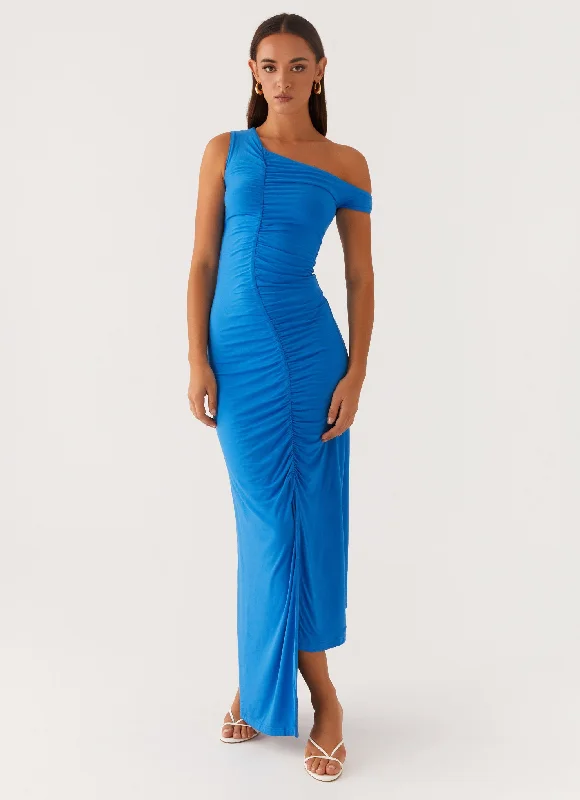 Anaya Ruched Asymmetrical Maxi Dress - Azure