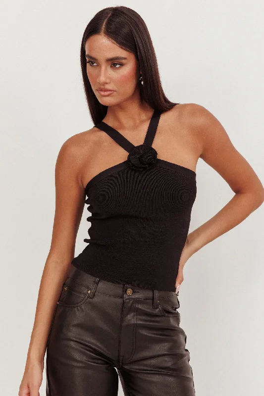 Anora Ribbed Rose Top Black