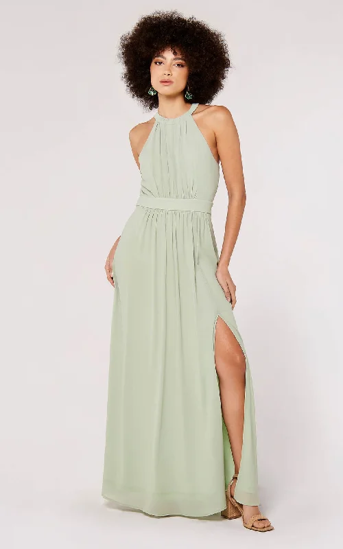 Apricot- Halter Pleat Chiffon Split Maxi Dress