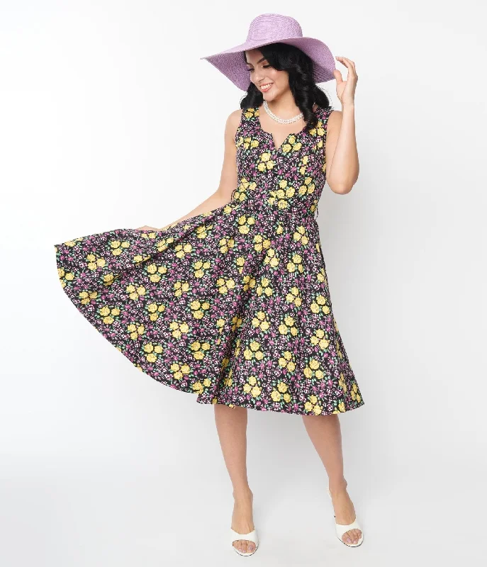 Black Floral Ria Swing Dress