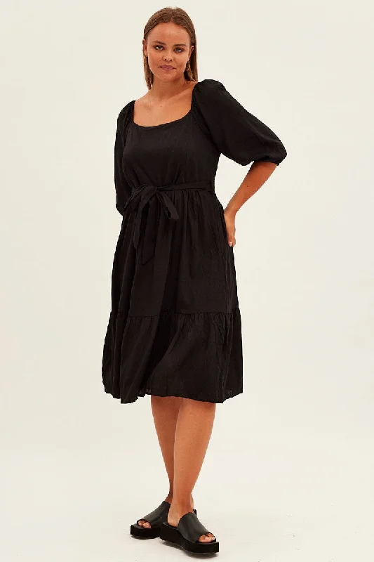 Black Midi Dress Puff Sleeve Belt Frill Hem