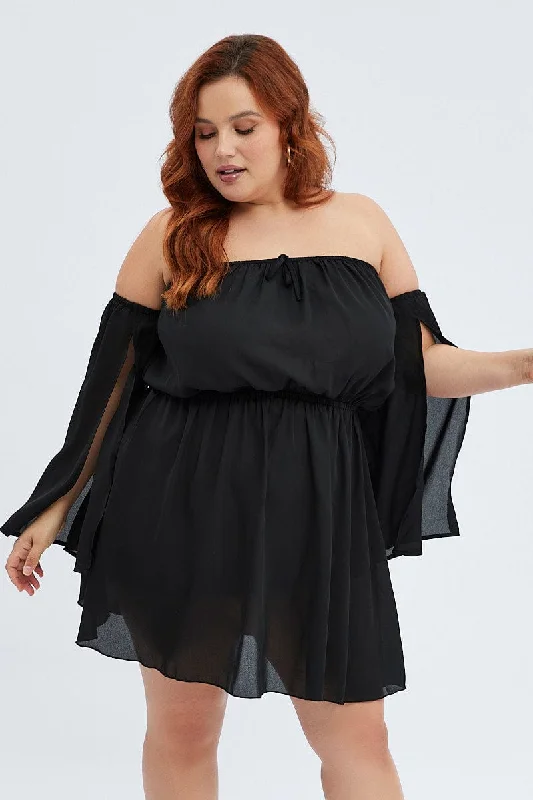 Black Mini Dress Off Shoulder Elastic Waist