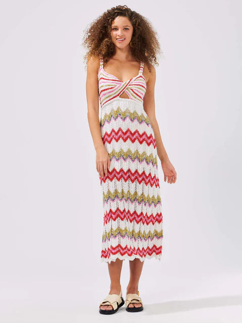 Boucle Twisted Bandeau Sundress - Zig Zag White