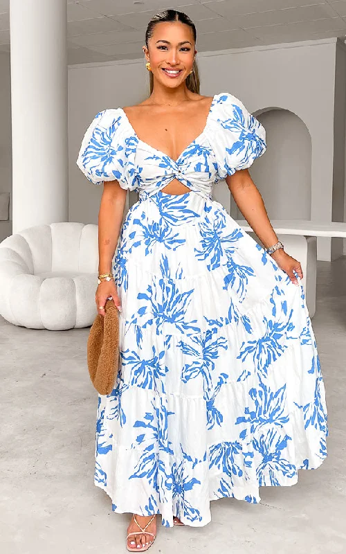 Bretta Maxi Dress - White Blue Print