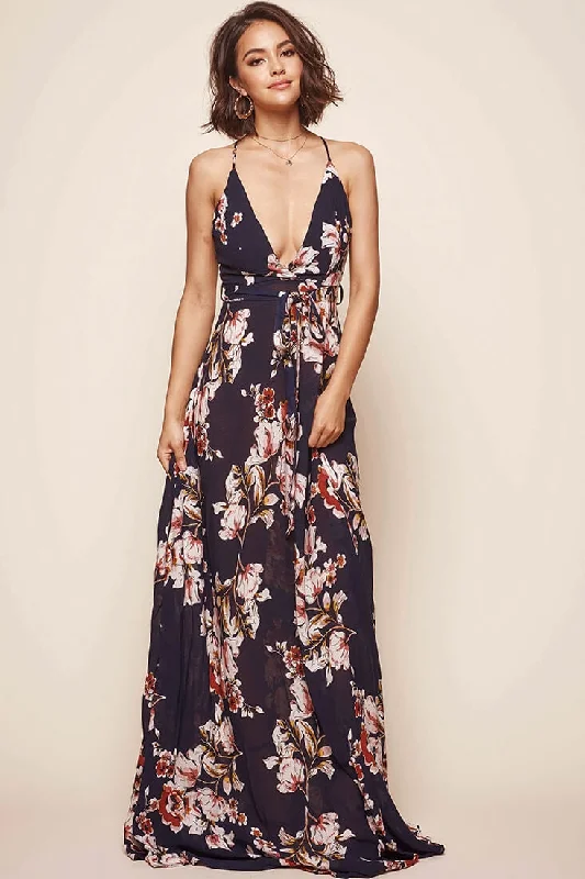 Calabasas Floral Waist Tie Maxi Dress Navy