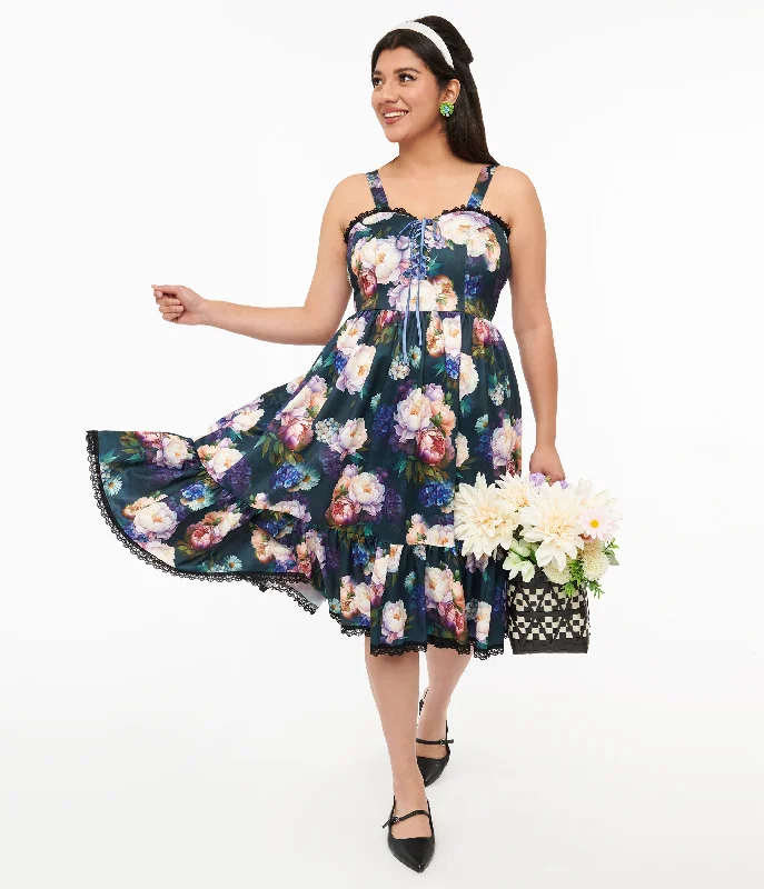 Dark Green Floral Heidi Swing Dress