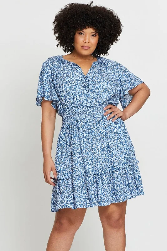 Ditsy Print Skater Dress V-neck Short Sleeve Tie