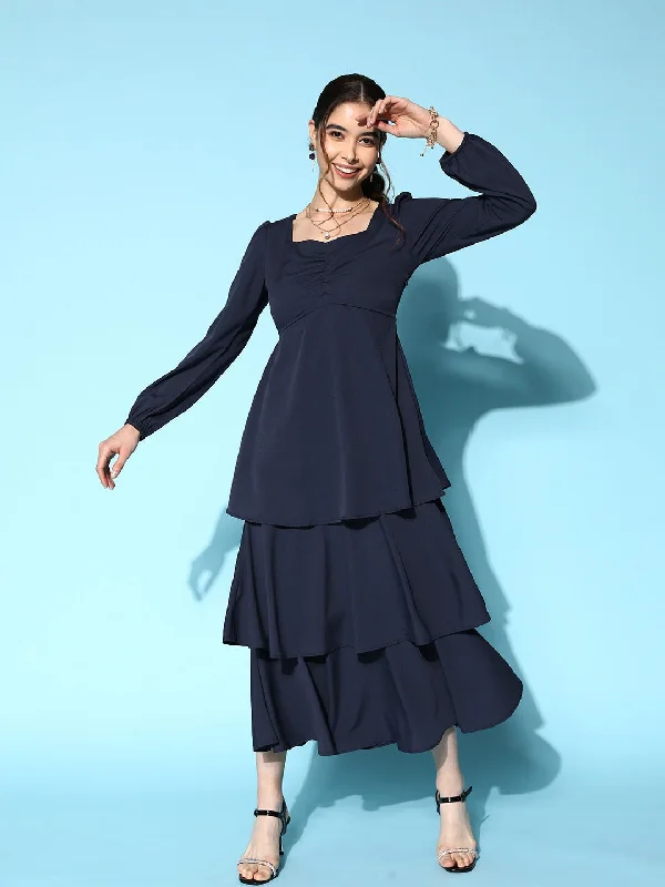 Berrylush Women Solid Navy Blue Sweetheart Neck Puff Sleeve Flounce Tiered A-Line Maxi Dress