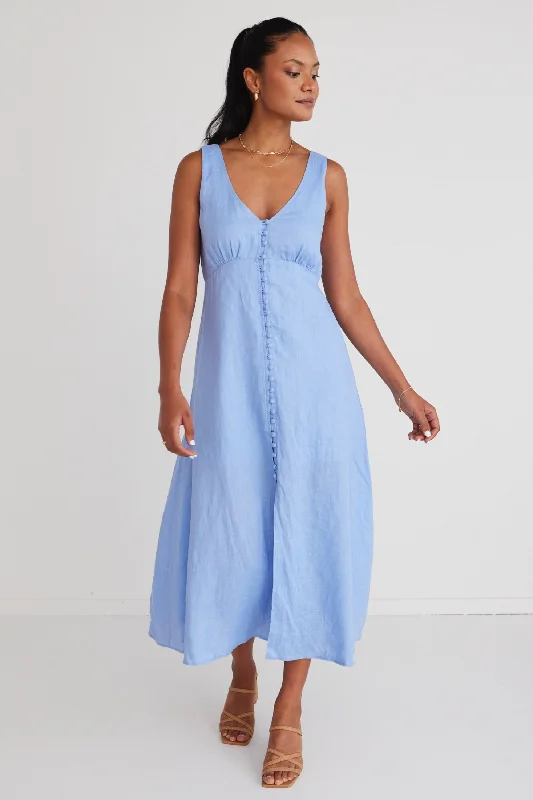 Girl Next Door Mid Blue Linen Sleeveless Button Front Midi Dress