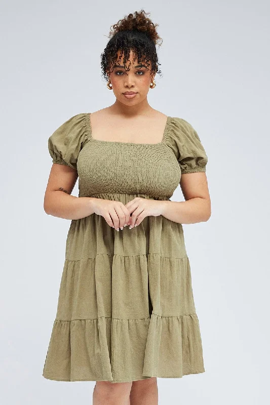 Green Mini Dress Tiered Shirred Bust Puff Sleeve