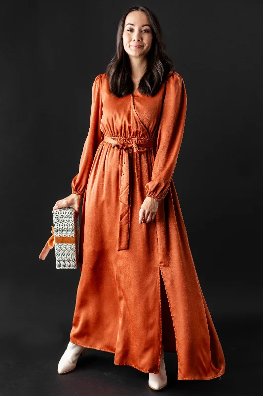 'Guinevere' Brushed Satin Surplice Dress in Rust FINAL SALE