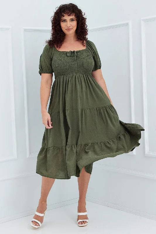 Khaki Short Sleeve Shirred Midi Dress