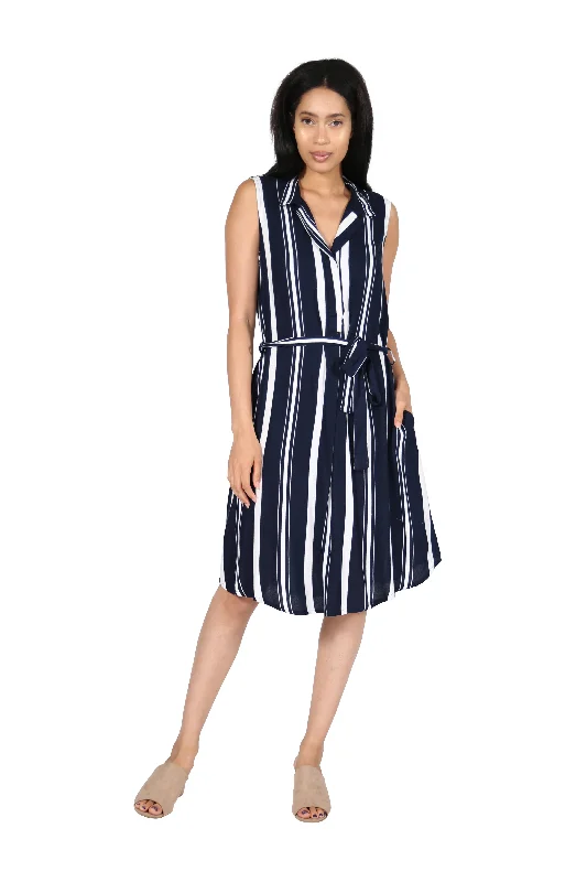 La Cera Navy Stripe Belted Rayon Dress