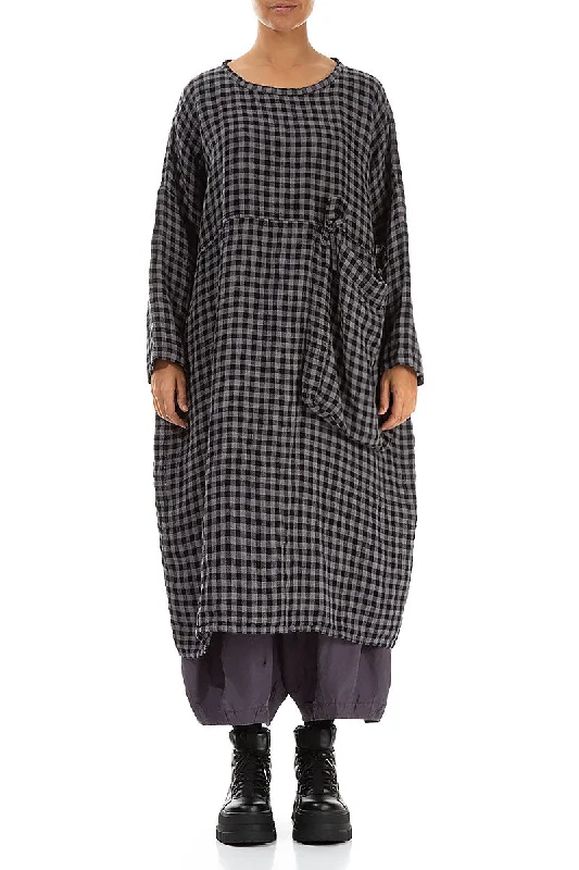 Large Side Pocket Grey Check Linen Dress