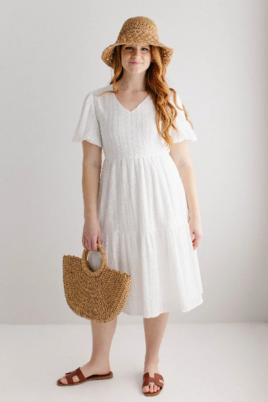 'Neva' Stretch Lace V-Neck Midi Dress in White FINAL SALE