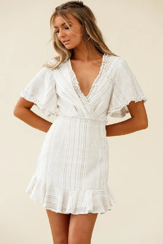 Ochre Open Back Bow Detail Dress Stripe Pattern White/Mocha