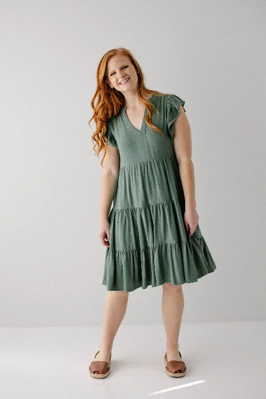 'Paloma' Flutter Sleeve Tiered Midi Dress in Jade FINAL SALE