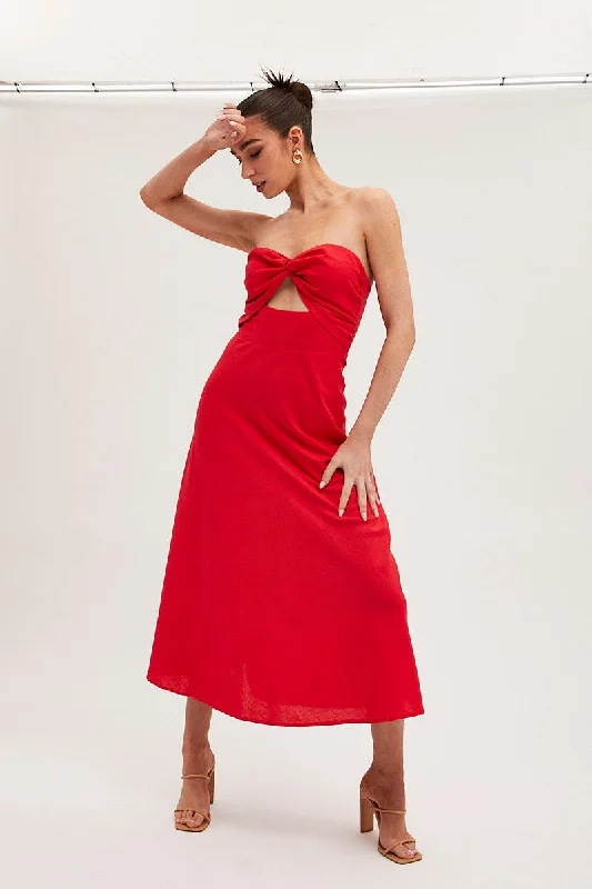 Red Bandeau Dress Sleeveless Midi Sweetheart