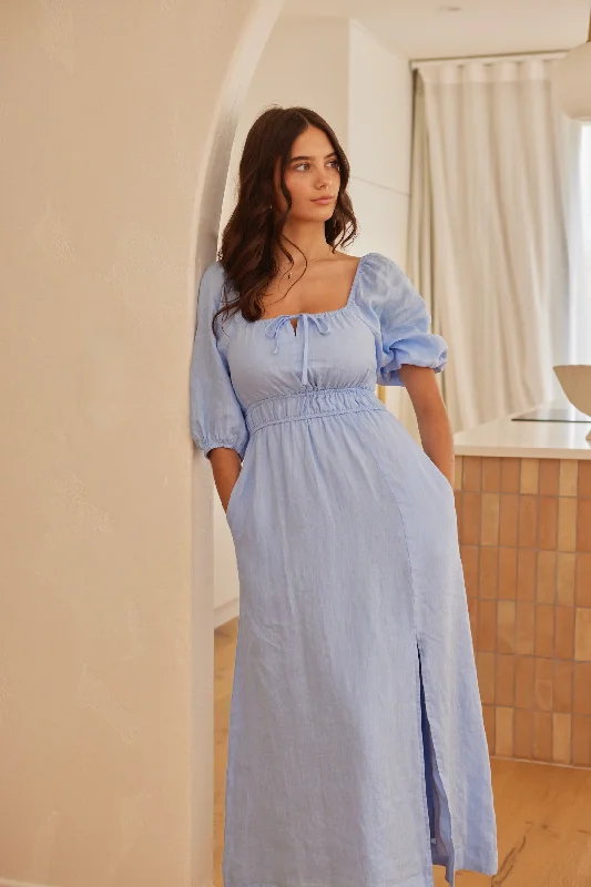 Roma Cornflower Blue Linen Ss Slim Fit Midi Dress