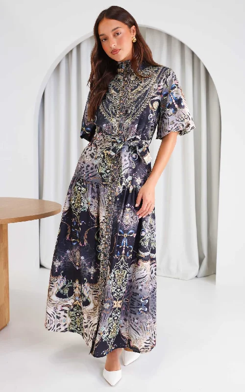 Sahara Night Sky Short Sleeve Maxi Dress -  Black Multi Print