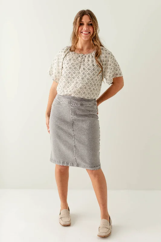 'Sara' Classic Knee Length Denim Skirt in Vintage Grey