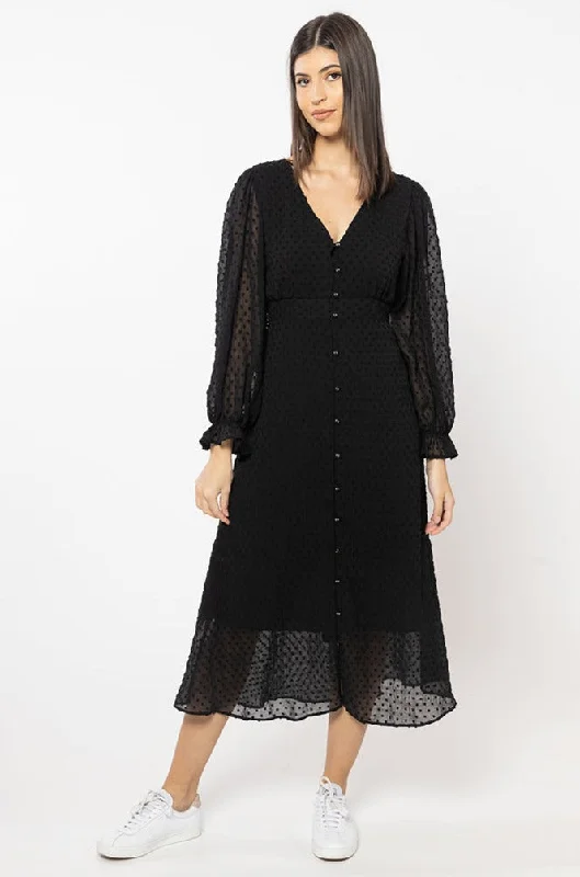 Sincere Black Dobby Button Front LS Midi Dress