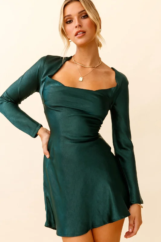 Solstice Long Sleeve Cowl Neck Mini Dress Forest Green