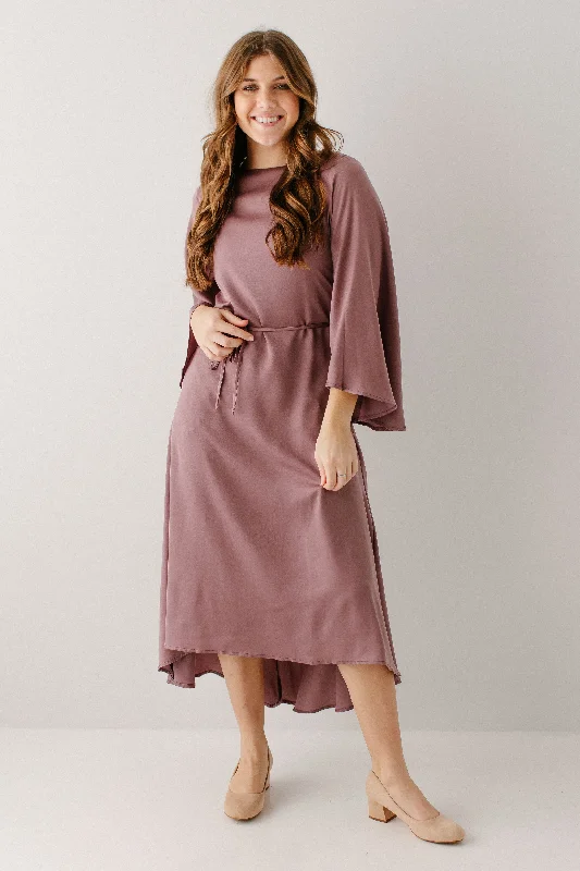 'Sonnet' Flared Sleeve Tie Waist Satin Midi Dress in Mauve FINAL SALE