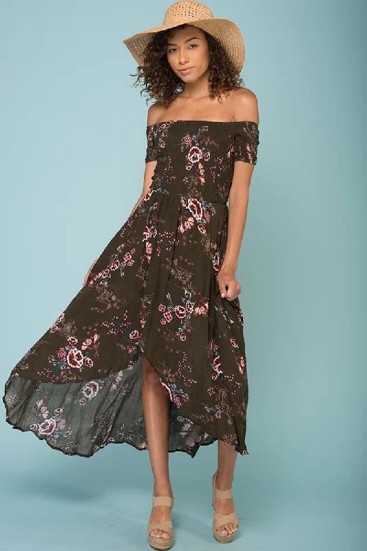 Summer Picnic Floral Print High Low Midi Dress Khaki