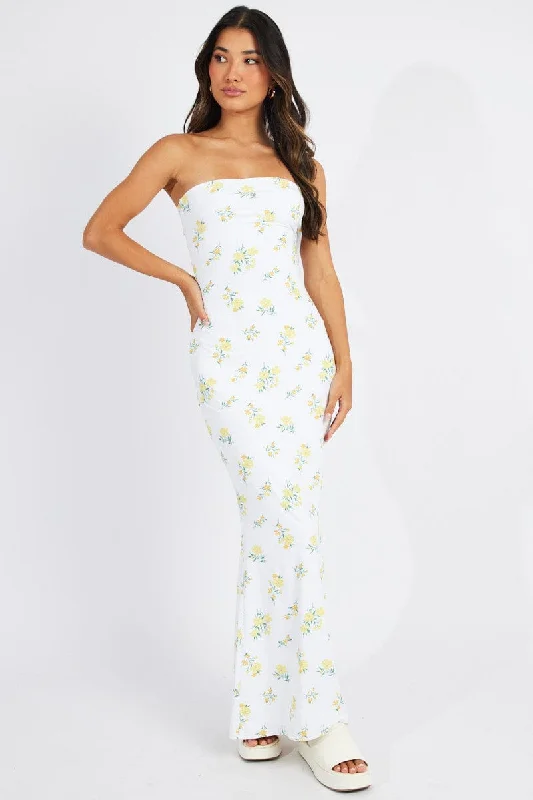 White Floral Bandeau Maxi Dress Bouquet Flower Dress