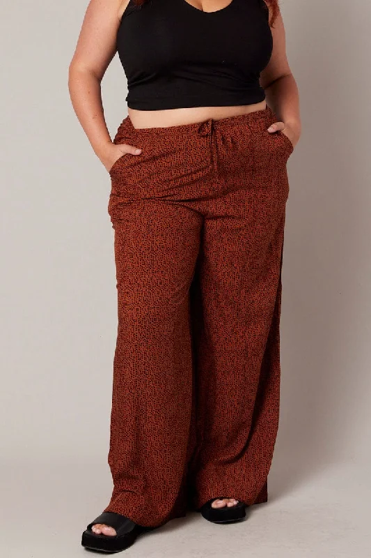 Brown Geo Wide Leg Pants High Rise