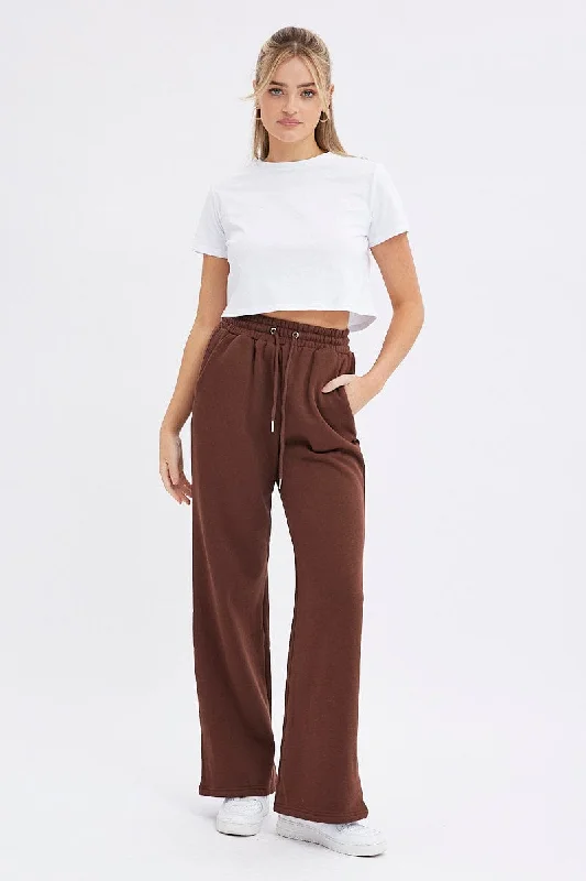 Brown Wide Leg Track Pants High Rise