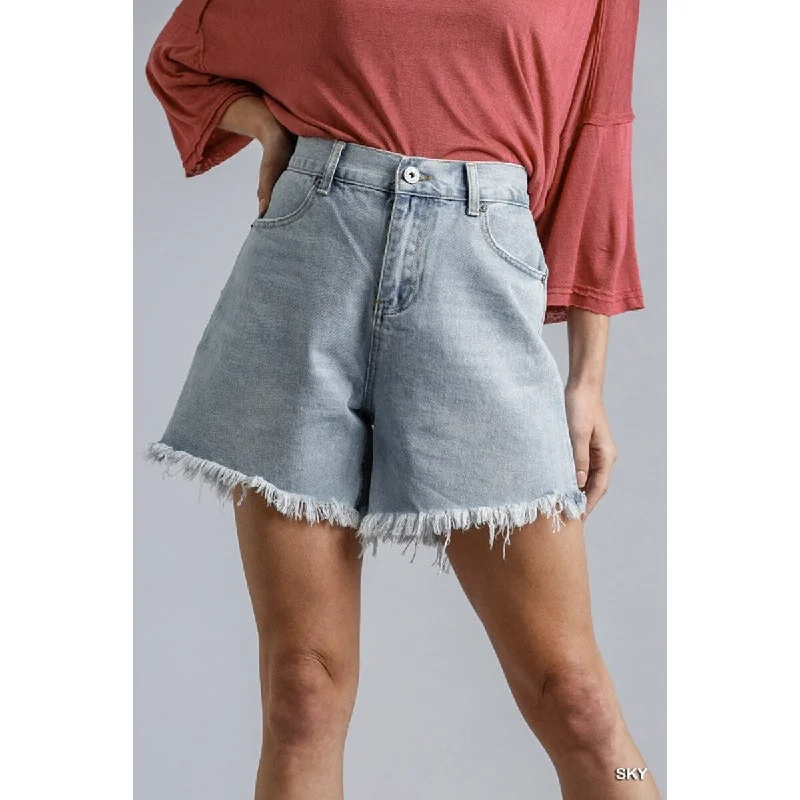 High Rise Denim Shorts With Raw Hem