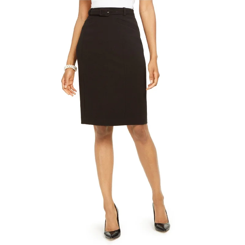 Karl Lagerfeld Womens Solid Belted Pencil Skirt, Black, 2