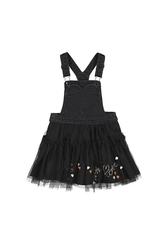 Mayoral Girl Denim and Tulle Dungaree Dress, Black