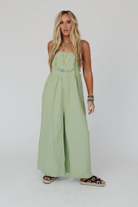 On A Whim Lace Detail Overalls - Sage