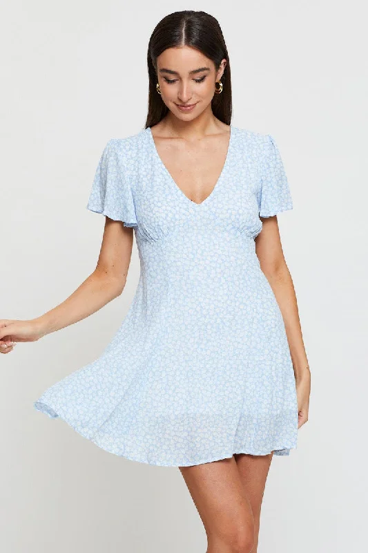 Print Fit And Flare Dress Short Sleeve V Neck