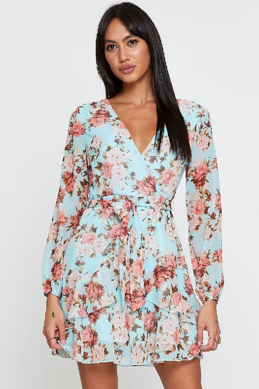 Print Mini Dress Long Sleeve V Neck