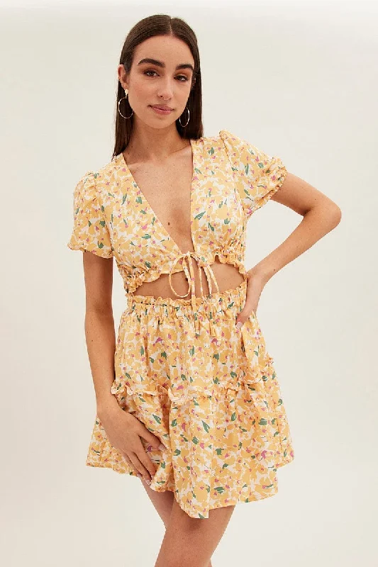 Yellow Print Cutout Skater Dress